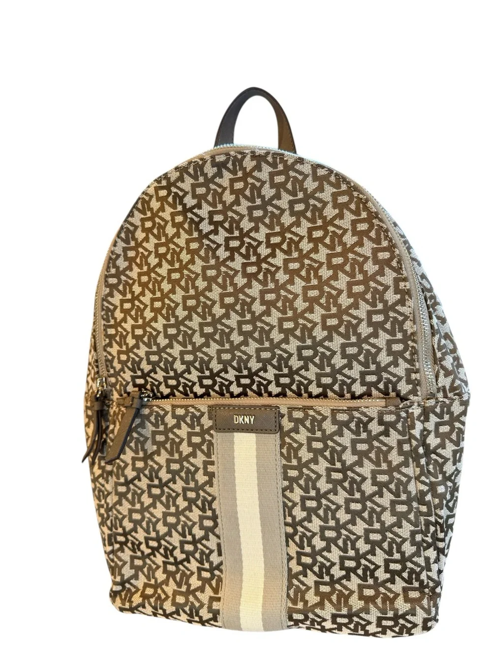 DKNY Monogram Logo Carlita Canvas Backpack in Beige Brown